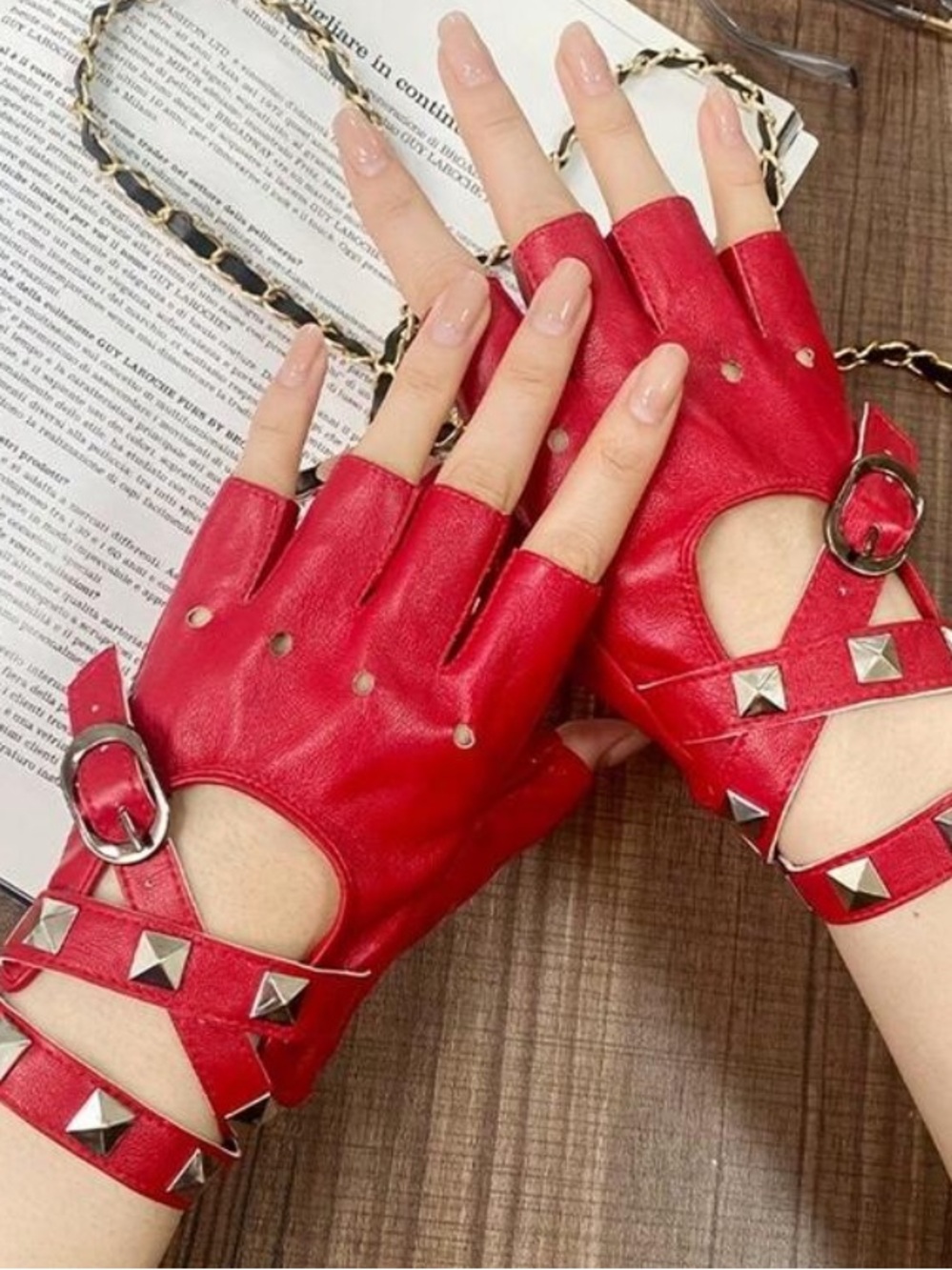 Red Studded Fingerless Leather Gloves - Women Accessories